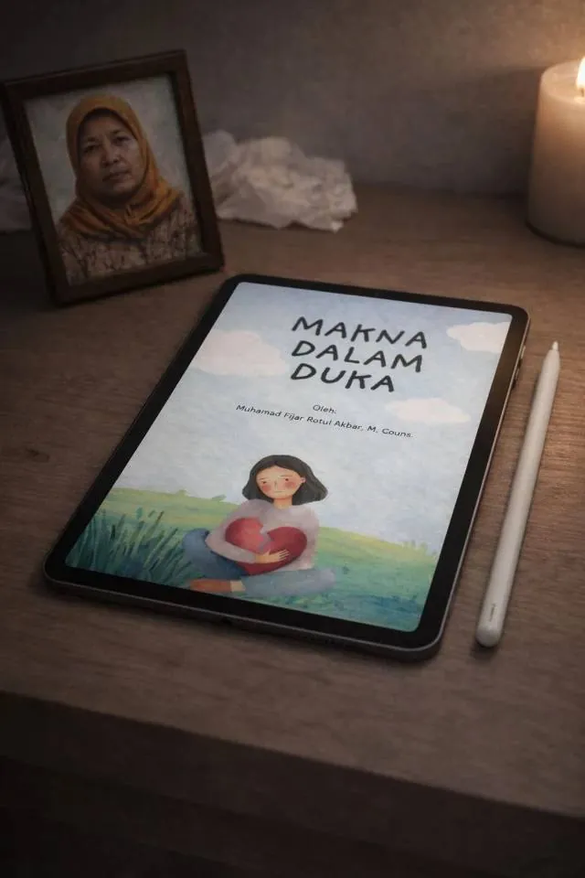 E-book Makna Dalam Duka di tablet, di samping foto kenangan dan lilin