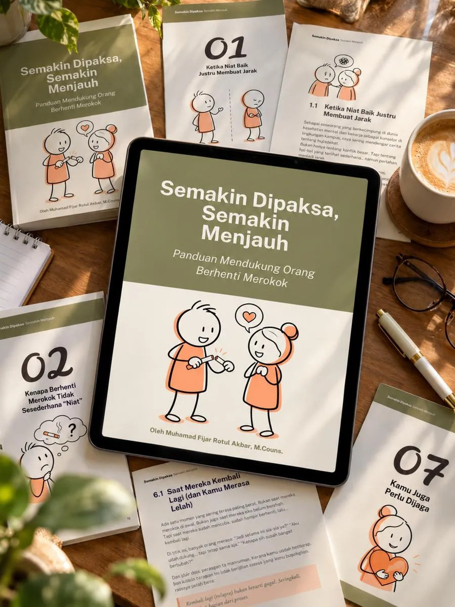 Halaman-halaman buku Semakin Dipaksa, Semakin Menjauh di atas meja